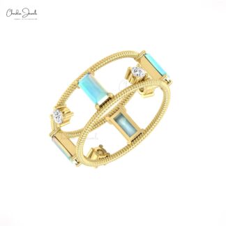 Gemstone Two Cage Ring In Real 14k Gold Opal 6x3mm Baguette Twisted Diamond Rings