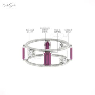 Stack Dual Cage Ring In 14k Real Gold Rhodolite Garnet G-H Diamond Twisted Women Rings