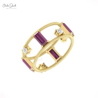 Stack Dual Cage Ring In 14k Real Gold Rhodolite Garnet G-H Diamond Twisted Women Rings