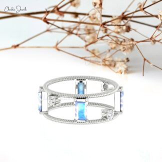Solid 14k Gold Twisted Wire Ring With 6x3mm Baguette Moonstone & Diamond Stackable Rings