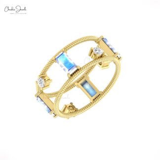 Solid 14k Gold Twisted Wire Ring With 6x3mm Baguette Moonstone & Diamond Stackable Rings