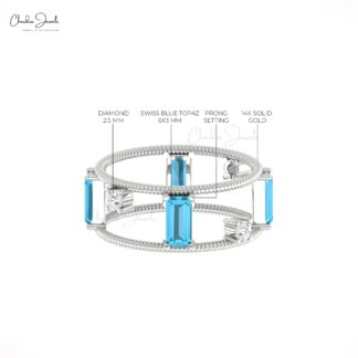 Twisted Wire Baguette Ring With 6x3mm Swiss Blue Topaz Prong Set Diamond 14k Gold Rings
