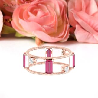 Pure 14k Gold Dual Wire Band with 6x3mm Pink Tourmaline And Round Diamond Twisted Ring