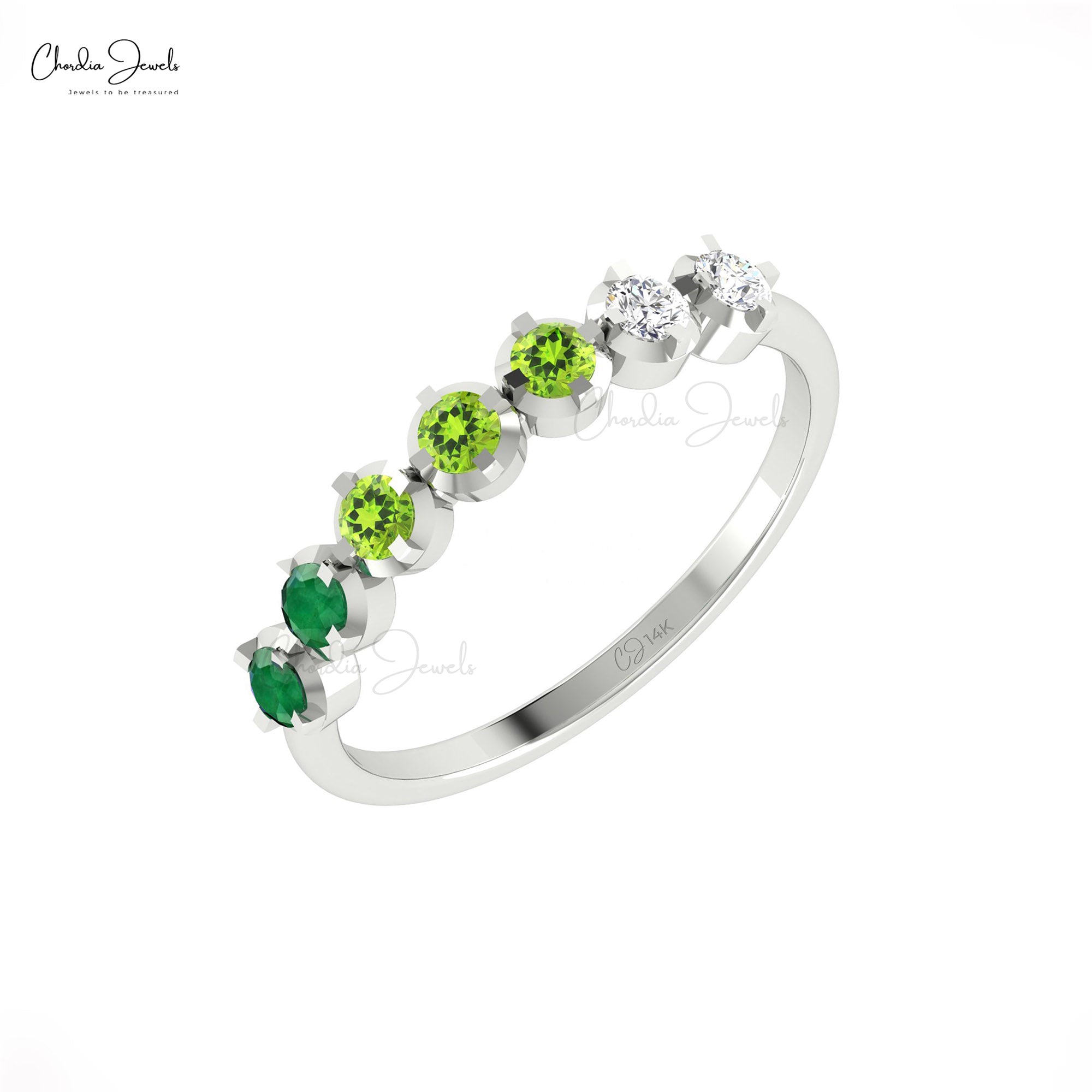 Stackable 7 Stone Ring In 14k Pure Gold Emerald And Peridot Diamond Half Eternity Band