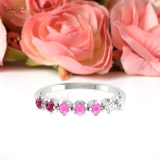 Round Cut Half Eternity Band With 2.5mm Pink Tourmaline And Sapphre Diamond Rings