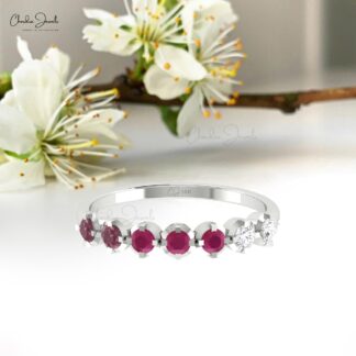 Seven Stone Stack Band In 14k Gold Ruby And Rhodolite Garnet Diamond Half Eternity Ring
