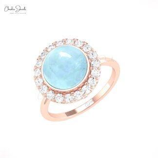 Halo Engagement Ring In 14k Pure Gold Aquamarine 2.45 Ct Cabochon And Diamond Rings