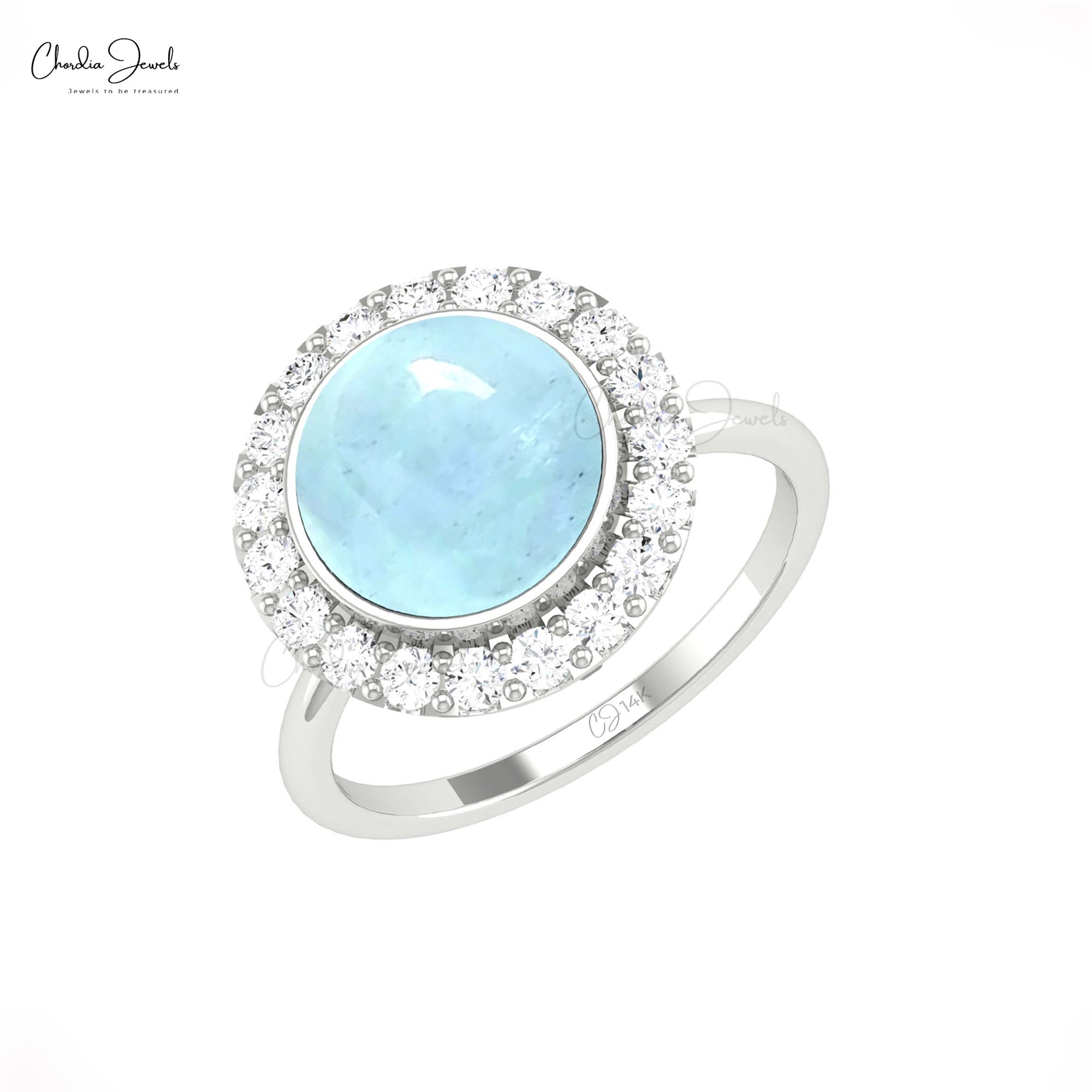Halo Engagement Ring In 14k Pure Gold Aquamarine 2.45 Ct Cabochon And Diamond Rings