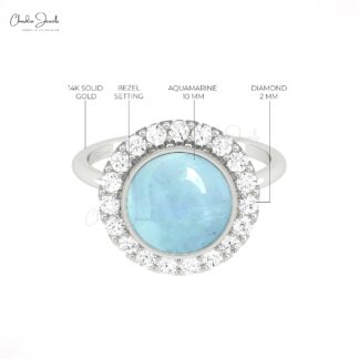 Halo Engagement Ring In 14k Pure Gold Aquamarine 2.45 Ct Cabochon And Diamond Rings