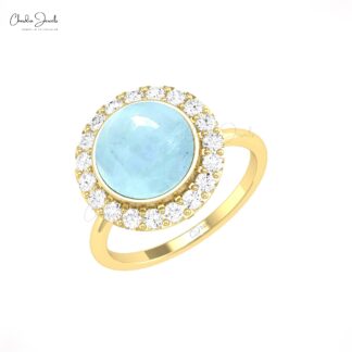 Halo Engagement Ring In 14k Pure Gold Aquamarine 2.45 Ct Cabochon And Diamond Rings