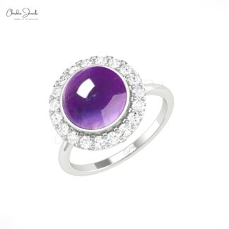 Bezel Set Statement Ring With 10mm Amethyst And Diamond Pave In 14k Real Gold Halo Rings