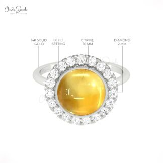 Halo Bezel Set Women Ring In 14k Solid Gold Citrine 10mm Cabochon And Diamond Ring