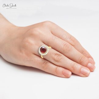 Natural Red Garnet Halo Diamond Ring In 14k Solid Gold January Birthstone Fine Jewelry