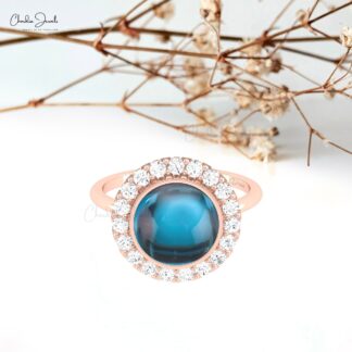 Pave Set Halo Diamond Ring With 10mm London Blue Topaz 14k Real Gold Wedding Rings