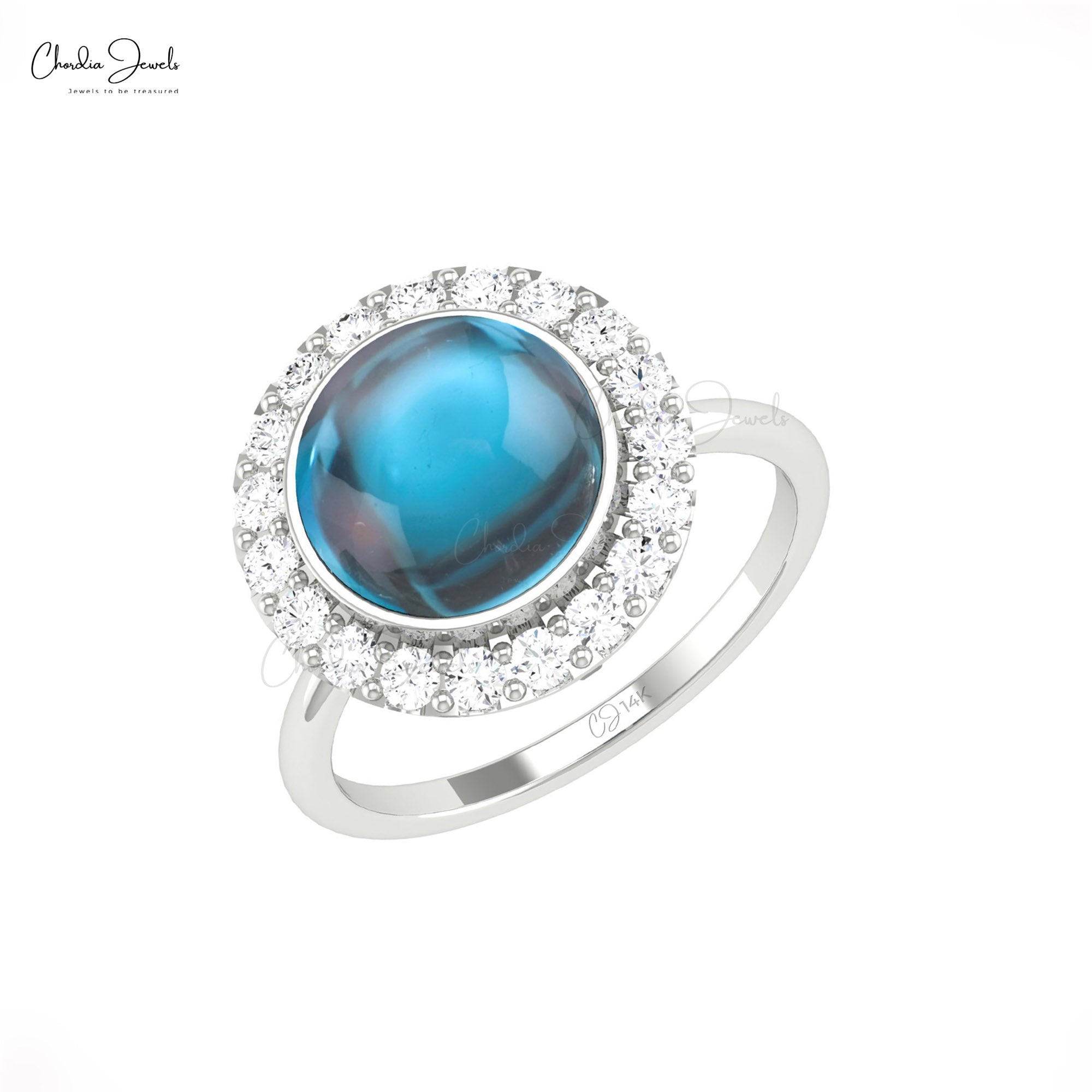 Pave Set Halo Diamond Ring With 10mm London Blue Topaz 14k Real Gold Wedding Rings