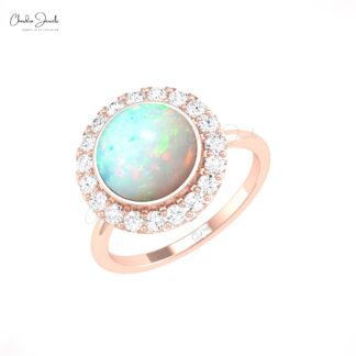 Cocktail Promise Ring With 2.45 Ct Fire Opal Halo Diamond Pave Set In 14k Real Gold Ring