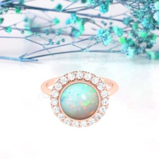 Cocktail Promise Ring With 2.45 Ct Fire Opal Halo Diamond Pave Set In 14k Real Gold Ring