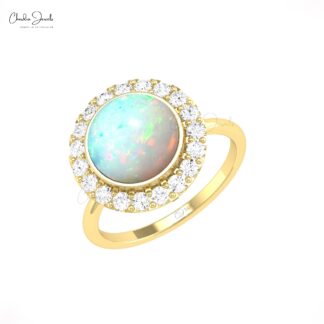 Cocktail Promise Ring With 2.45 Ct Fire Opal Halo Diamond Pave Set In 14k Real Gold Ring