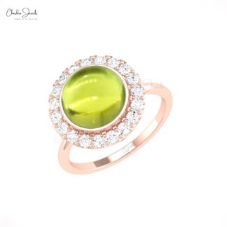 AAA Peridot Cocktail Halo Ring In 14k Pure Gold G-H Diamond Engagement Rings For Her