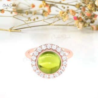 AAA Peridot Cocktail Halo Ring In 14k Pure Gold G-H Diamond Engagement Rings For Her