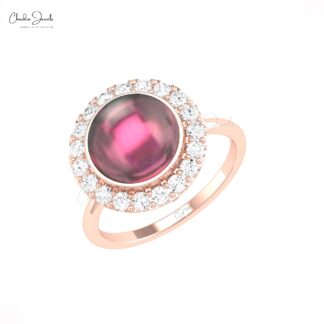 Diamond Halo Wedding Ring With 10mm Rhodolite Garnet Prong Set In 14k Solid Gold Ring