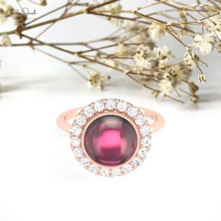Diamond Halo Wedding Ring With 10mm Rhodolite Garnet Prong Set In 14k Solid Gold Ring