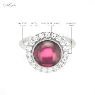 Diamond Halo Wedding Ring With 10mm Rhodolite Garnet Prong Set In 14k Solid Gold Ring