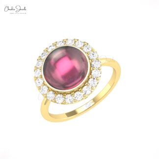 Diamond Halo Wedding Ring With 10mm Rhodolite Garnet Prong Set In 14k Solid Gold Ring