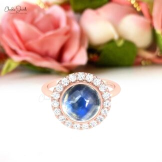 Round Rainbow Moonstone Halo Ring In 14k Solid Gold Diamond Cocktail Rings For Her