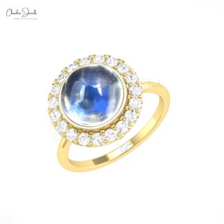 Round Rainbow Moonstone Halo Ring In 14k Solid Gold Diamond Cocktail Rings For Her