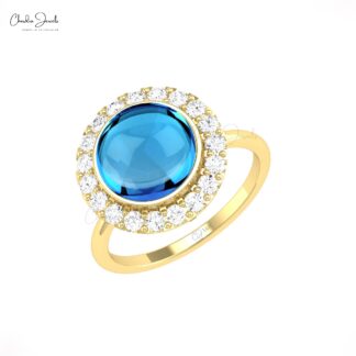 Statement Gemstone Ring In 14k Real Gold Swiss Blue Topaz And Diamond Halo Bridal Rings