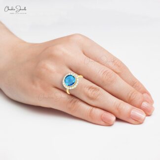 Statement Gemstone Ring In 14k Real Gold Swiss Blue Topaz And Diamond Halo Bridal Rings