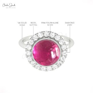Gemstone Wedding Ring With 10mm Pink Tourmaline Diamond Halo Rings In 14k Real Gold