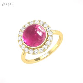 Gemstone Wedding Ring With 10mm Pink Tourmaline Diamond Halo Rings In 14k Real Gold