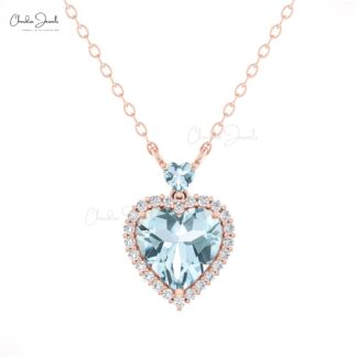 Real 14k Gold Halo Heart Necklace With 1.75 Ct Aquamarine Diamond Minimalist Necklaces