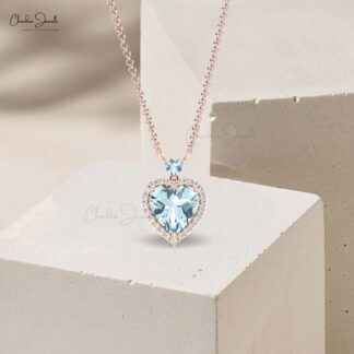 Real 14k Gold Halo Heart Necklace With 1.75 Ct Aquamarine Diamond Minimalist Necklaces