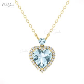 Real 14k Gold Halo Heart Necklace With 1.75 Ct Aquamarine Diamond Minimalist Necklaces