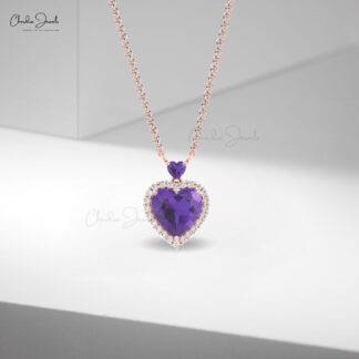 Halo Heart Chain Necklace With 1.75 Ct Amethyst Halo Diamond 14k Real Gold Love Necklaces