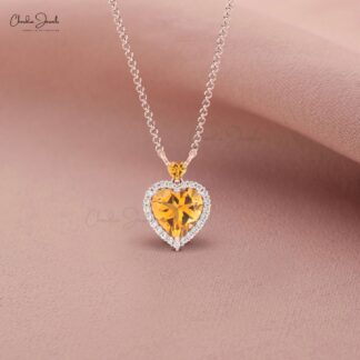 Dual Heart Gemstone Necklace In 14k Solid Gold Citrine And Diamond Halo Chain Necklace