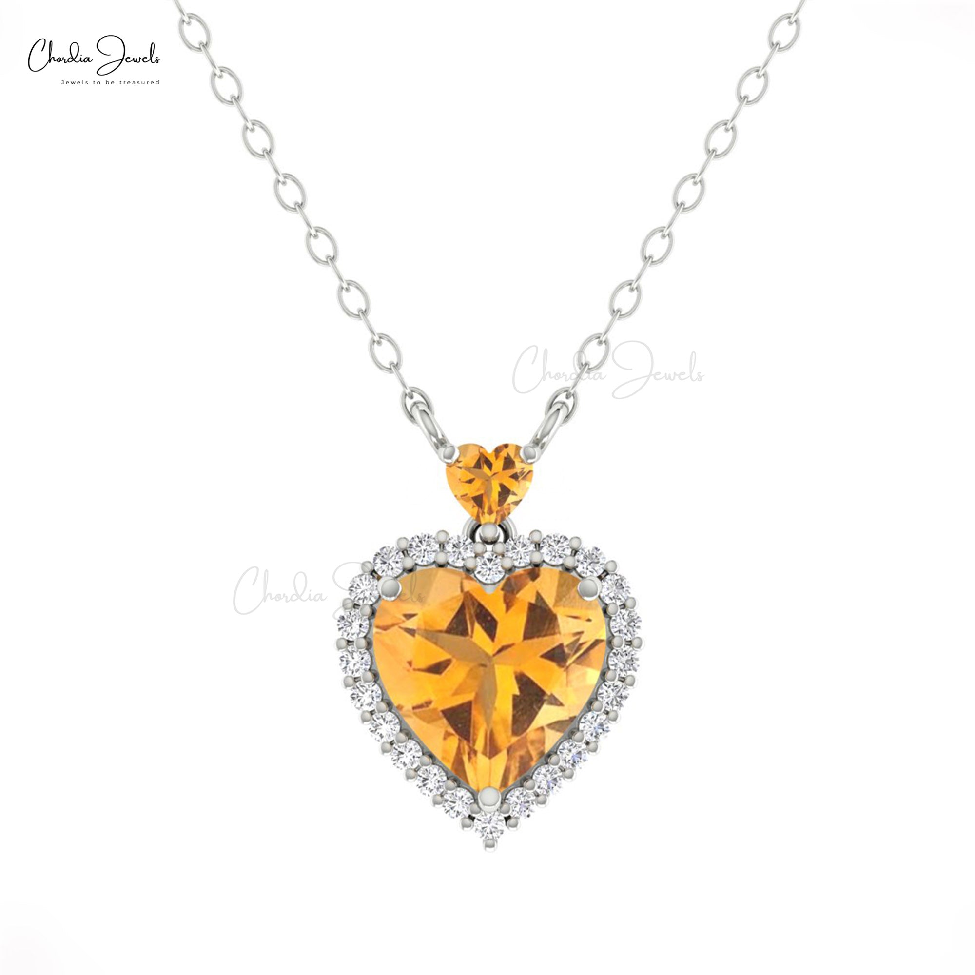 Dual Heart Gemstone Necklace In 14k Solid Gold Citrine And Diamond Halo Chain Necklace