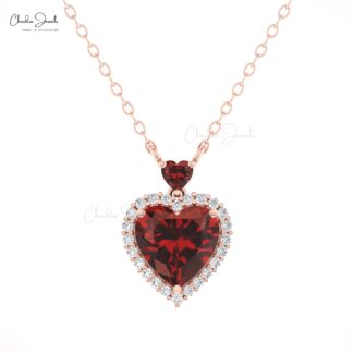 Two Gemstone Love Necklace In 14k Pure Gold Red Garnet Halo Diamond Heart Necklace