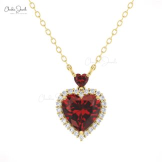 Two Gemstone Love Necklace In 14k Pure Gold Red Garnet Halo Diamond Heart Necklace