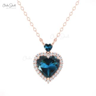 AAA London Blue Topaz Heart Necklace With Halo Diamond 14k Solid Gold Chain Necklaces