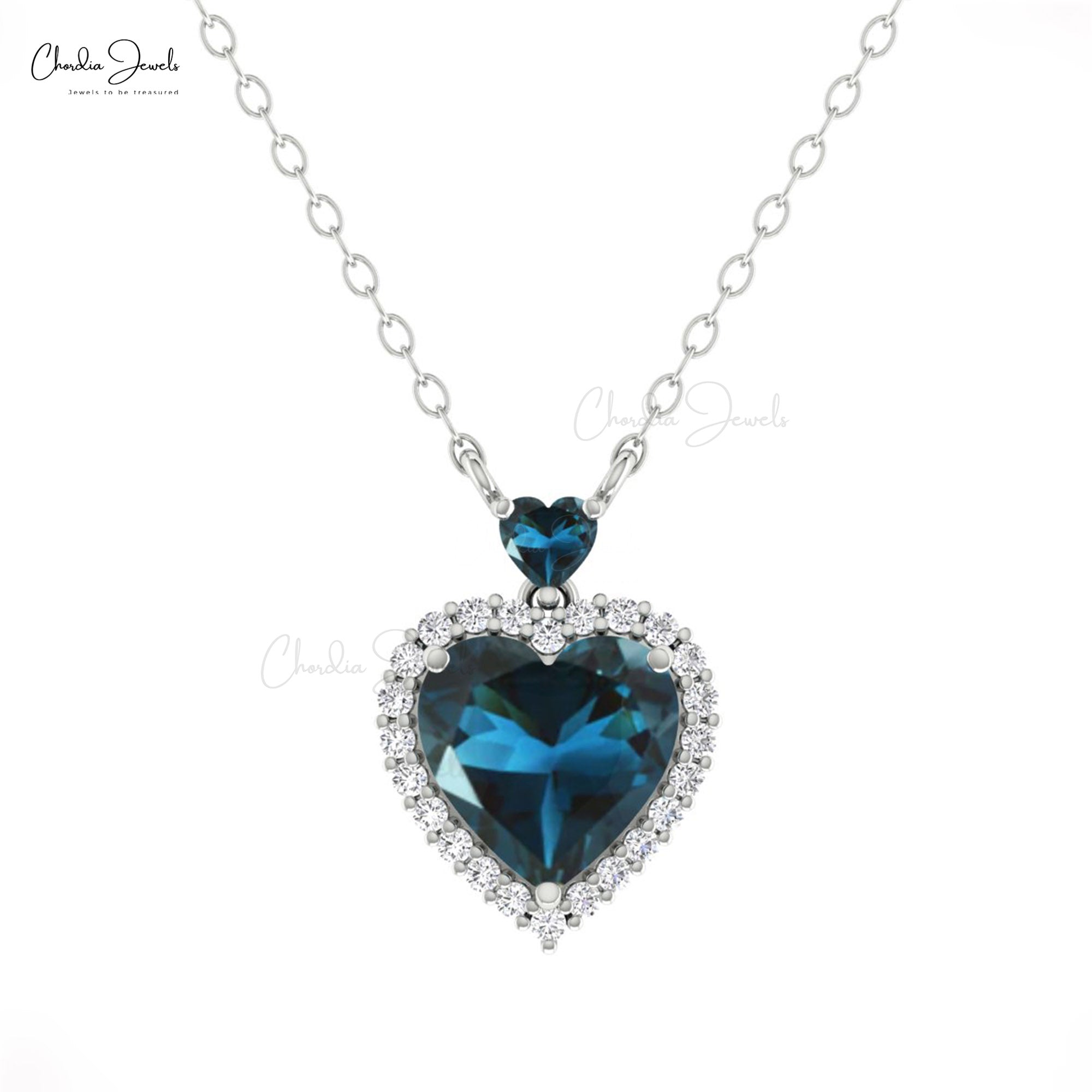 AAA London Blue Topaz Heart Necklace With Halo Diamond 14k Solid Gold Chain Necklaces