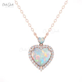 Double Heart Necklace In 14k Real Gold Fire Opal 1.75 Ct And Diamond Halo Chain Necklaces