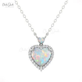 Double Heart Necklace In 14k Real Gold Fire Opal 1.75 Ct And Diamond Halo Chain Necklaces