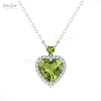 Heart Cut Peridot Necklace With G-H Diamond Pave In 14k Solid Gold Fine Jewelry For Love