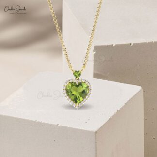 Heart Cut Peridot Necklace With G-H Diamond Pave In 14k Solid Gold Fine Jewelry For Love