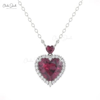 Gemstone Heart Necklace In 14k Pure Gold Rhodolite Garnet G-H Diamond Halo Necklaces