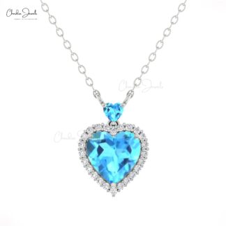 Solid 14k Gold Halo Chain Necklace With 1.75 Ct Swiss Blue Topaz & Diamond Love Jewelry